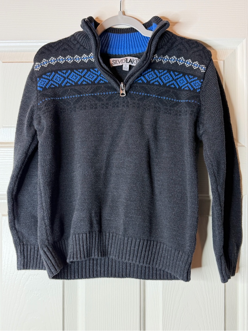 Silverlake Size 8 (S) Boys' Charcoal Half-Zip Sweater with Blue Fair Isle Yoke